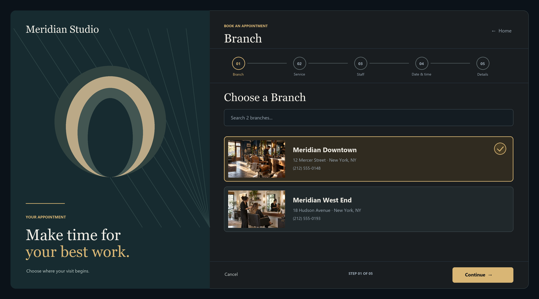 Full-page customer booking flow showing branch photos and five booking steps